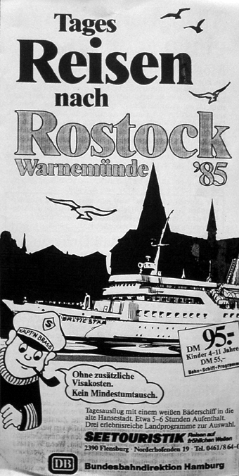 Flugblatt: Werbung für Ausflüge nach Warnemünde 1985