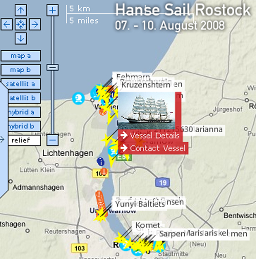 Screenshot: Hafenübersicht mit Schiffspositionen auf www.hanse-sail-live.de