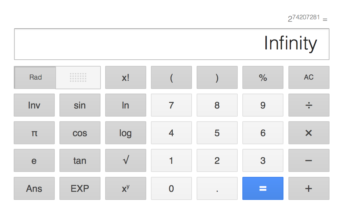 Screenshot vom Google-Rechner mit der Ausgabe "Infinity"