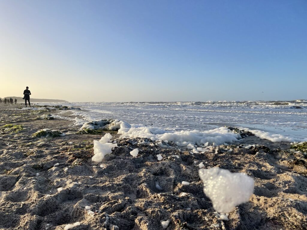 Weiße Schaumflocken am Strand von Warnemünde