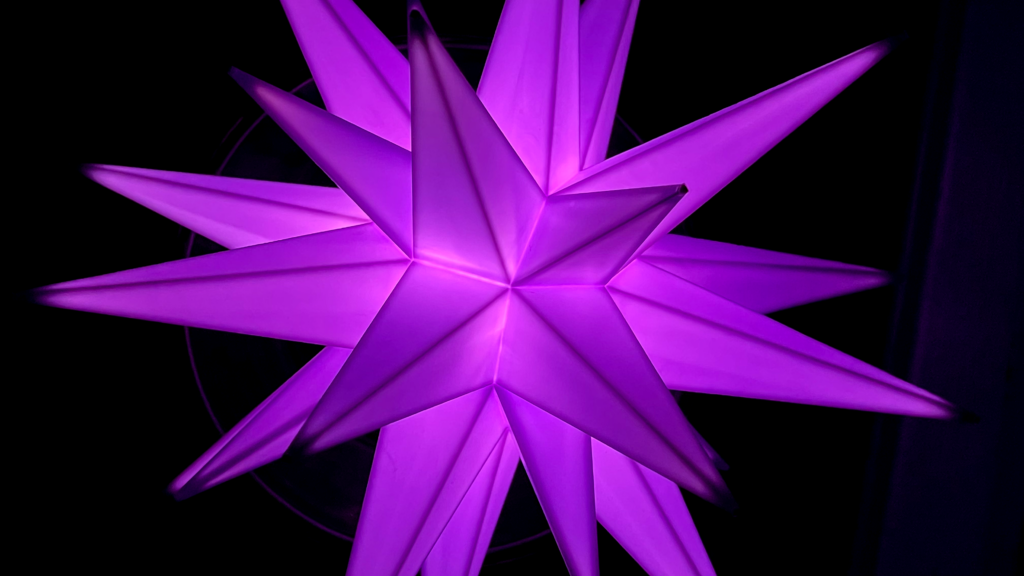 Nahaufnahme eines violett leuchtenden Weihnachtssterns.